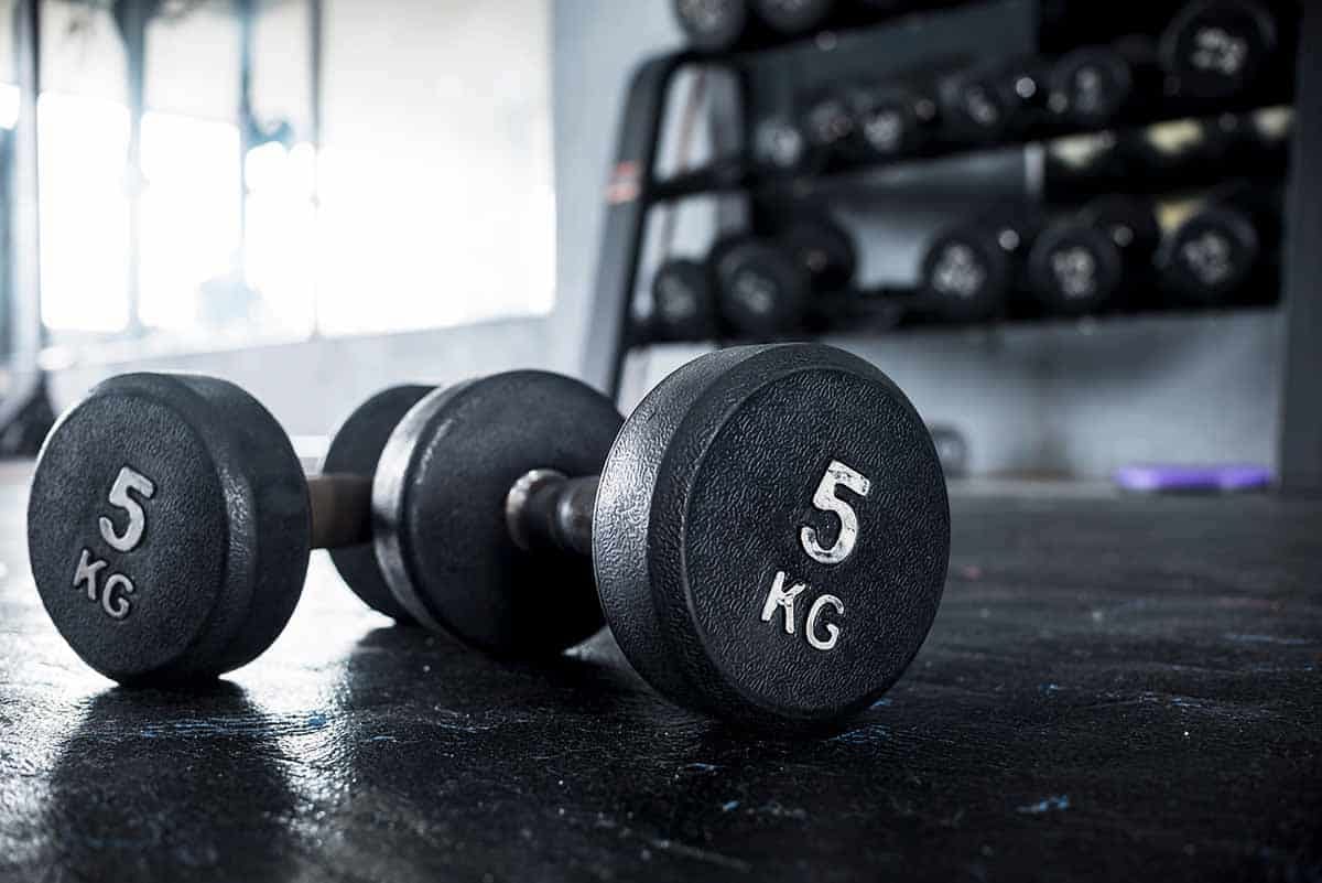 A pair of 5 kilogram round dumbbells lying on the floor of a gym