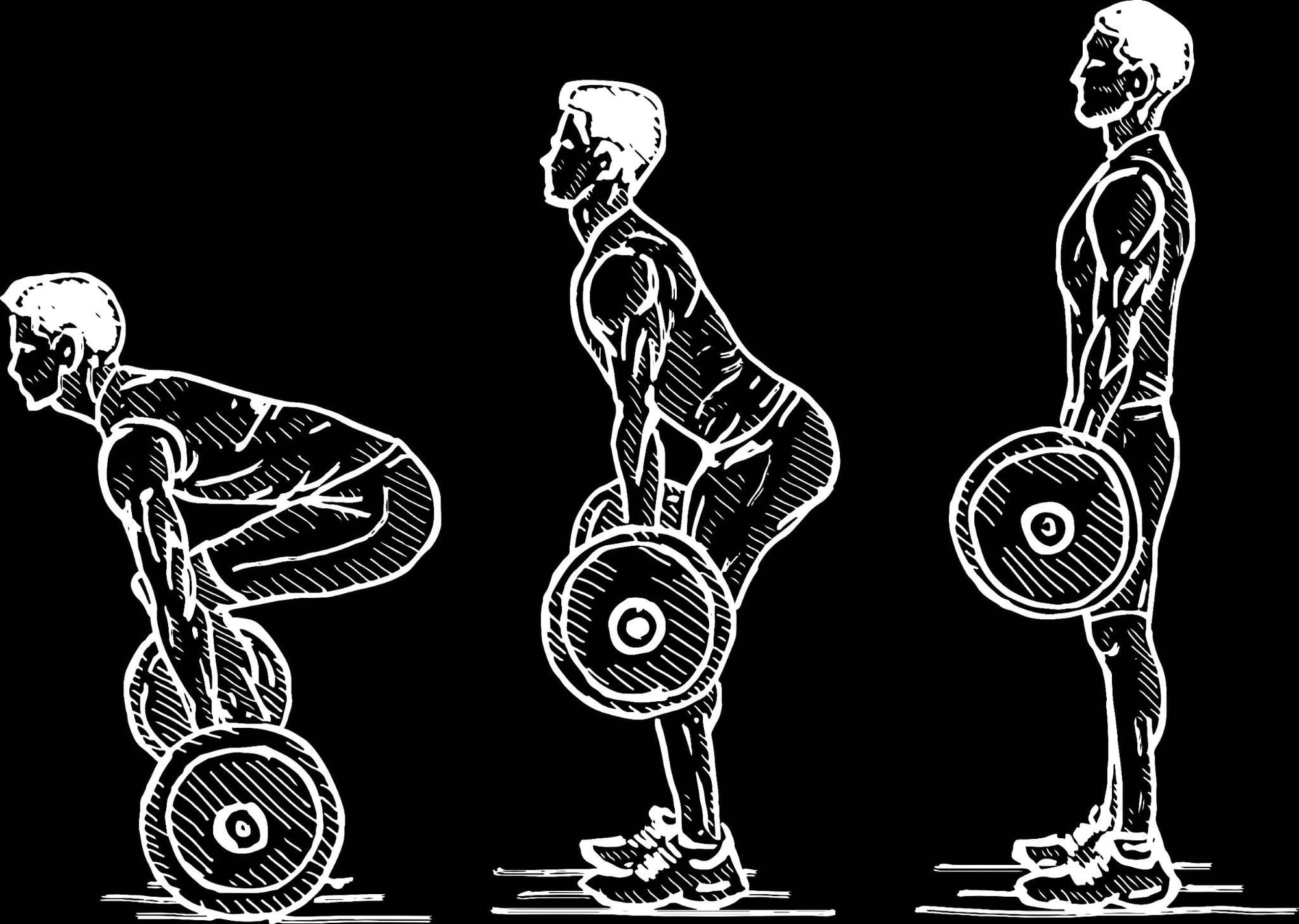 illustration showing the step-by-step movement of a deadlift, including the starting position, mid-lift, and lockout.