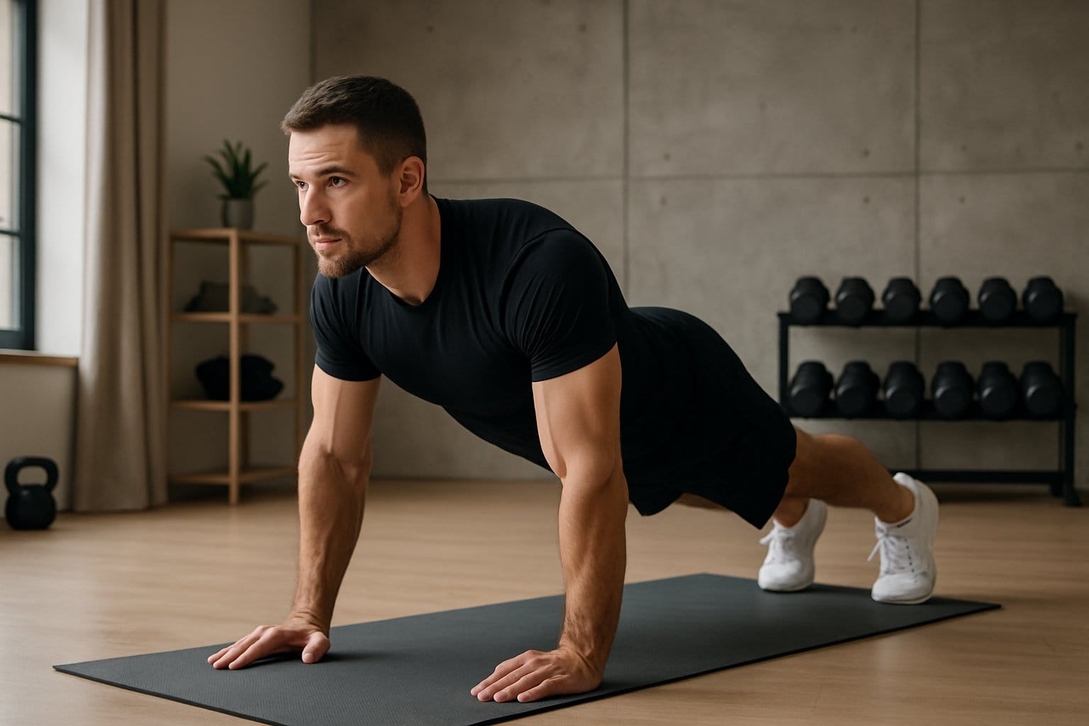 Fit man in his 30s performing a high plank on a yoga mat in a modern home gym