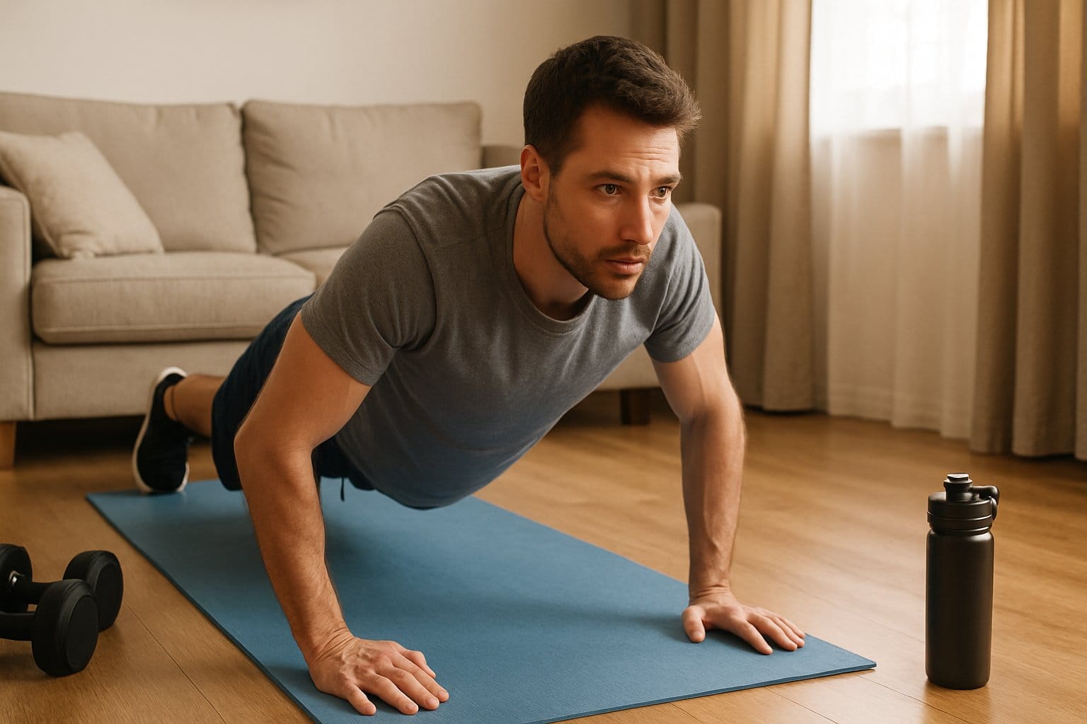 Fit man doing push-ups on a blue yoga mat in a cozy home setting with dumbbells and water bottle nearby.