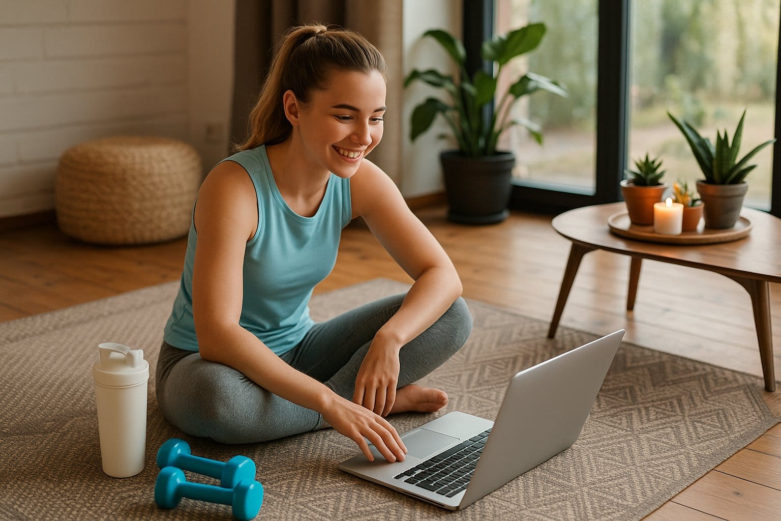 Smiling young woman in activewear using a laptop for online workout training at home, sitting on a yoga mat beside dumbbells and a protein shaker.