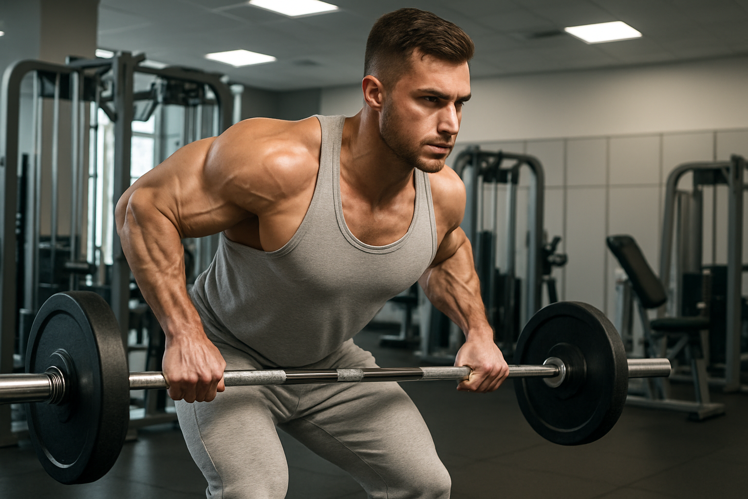 Fit man performing a barbell row exercise at the gym, showcasing strong back and arm muscles