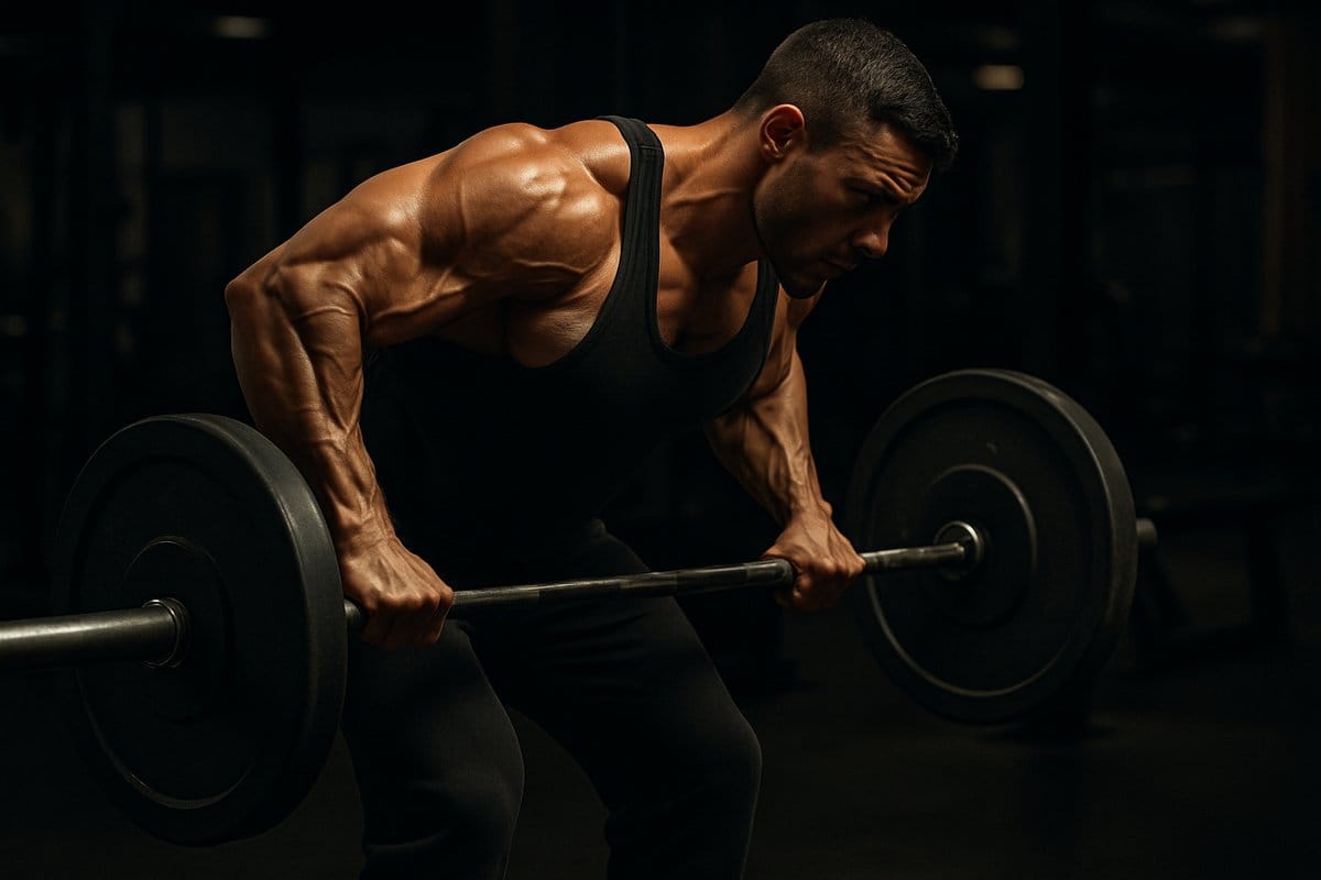 Muscular man performing barbell bent-over row in a dark gym for back strength training