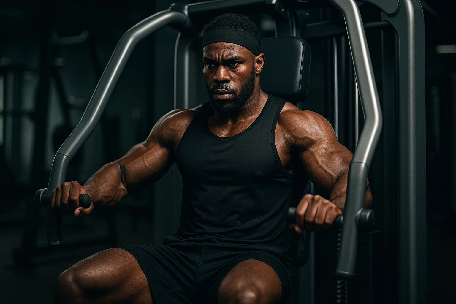 Focused African American man performing chest press on machine at the gym.