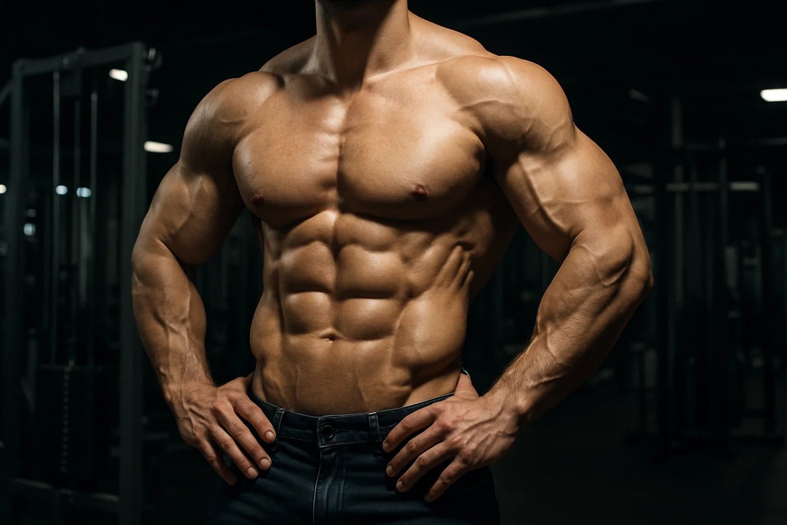 Close-up of a muscular man's defined six-pack torso in a gym setting.