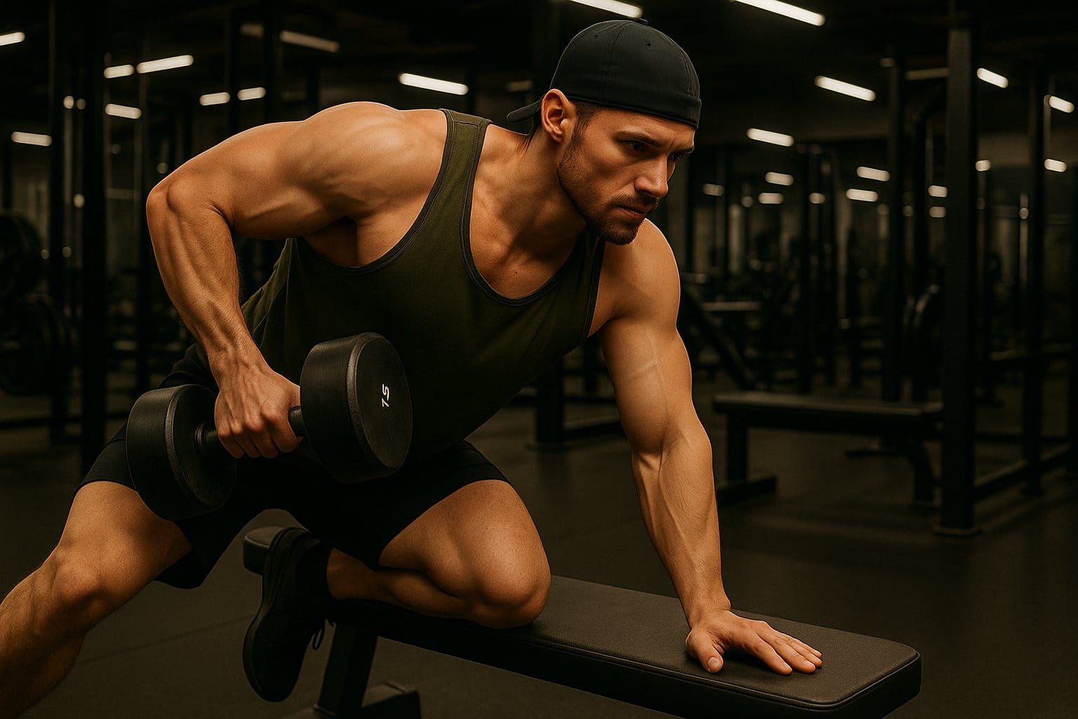 Fit man performing a one-arm dumbbell row exercise on a bench in a gym