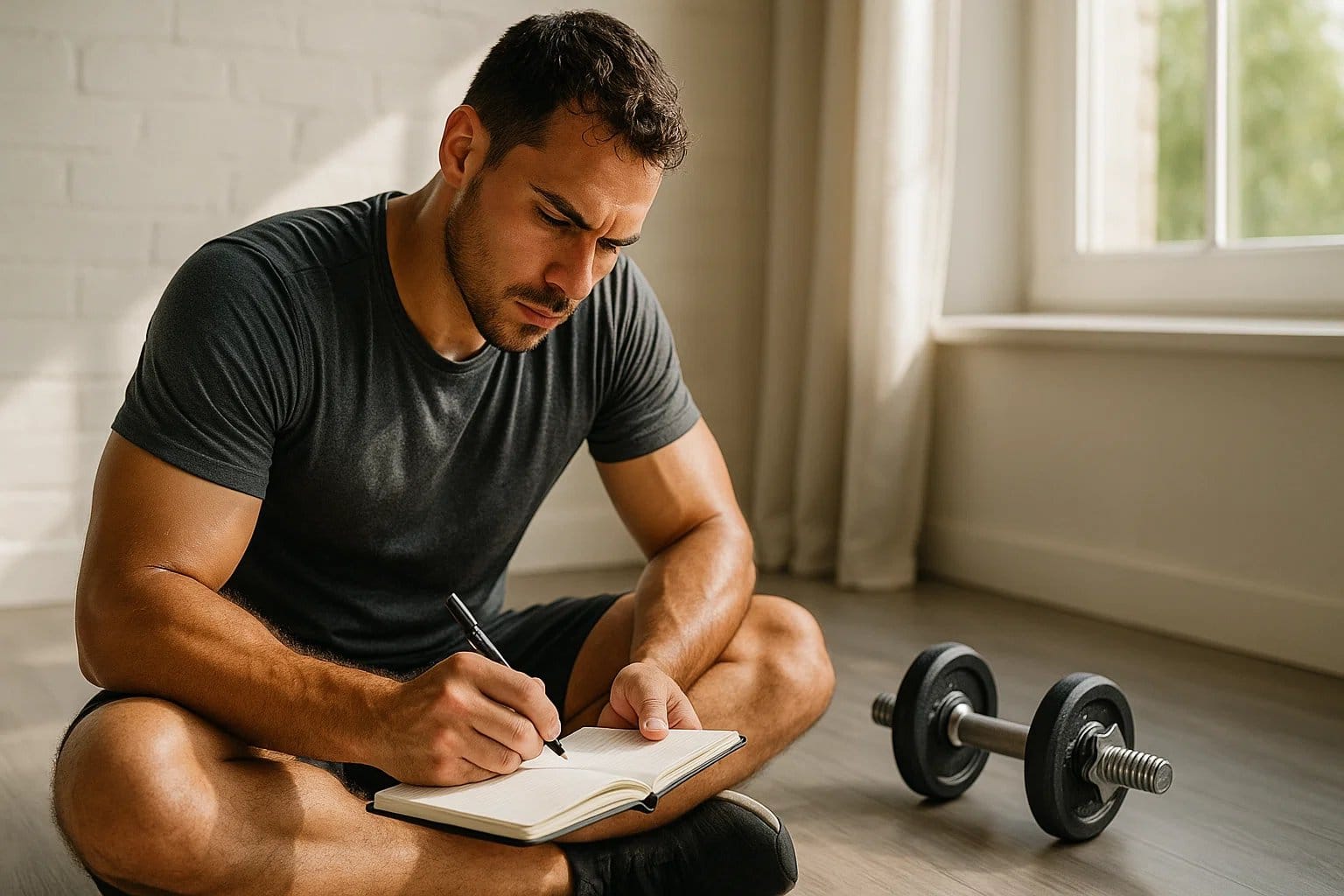 Fit man writing in a workout journal on the floor of a home gym with dumbbells nearby.