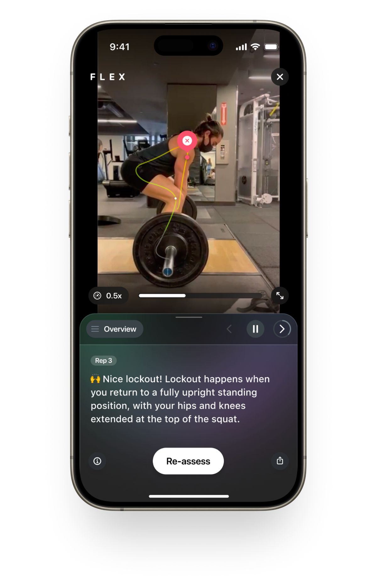 Mobile screen showing AI form feedback during a deadlift lockout with motion analysis overlay