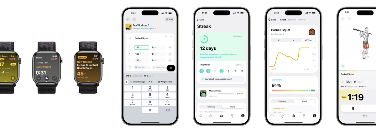 Screenshots of Flex app and Apple Watch UI showcasing workout tracking, performance stats, and progress streaks