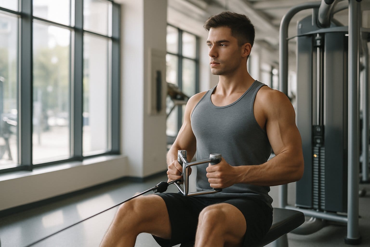 Focused athletic man performing seated cable row exercise at a modern gym with large windows.