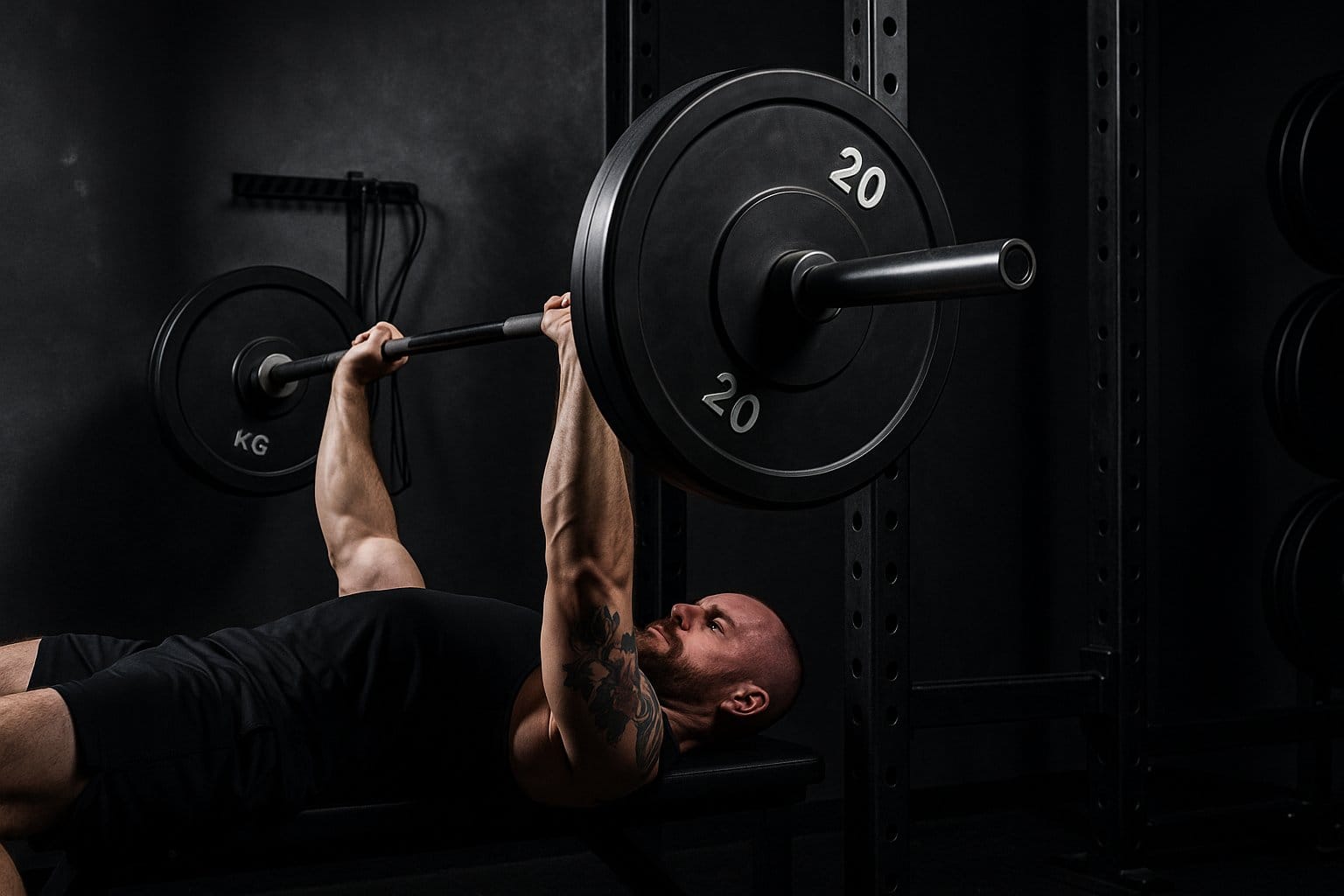 Man performing a free weight barbell bench press in a dark gym setting.