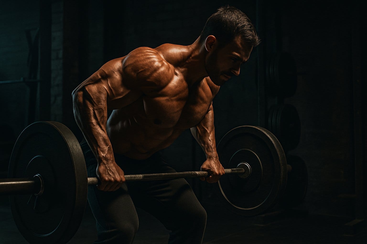 Muscular man performing an intense barbell row workout in a dimly lit gym.