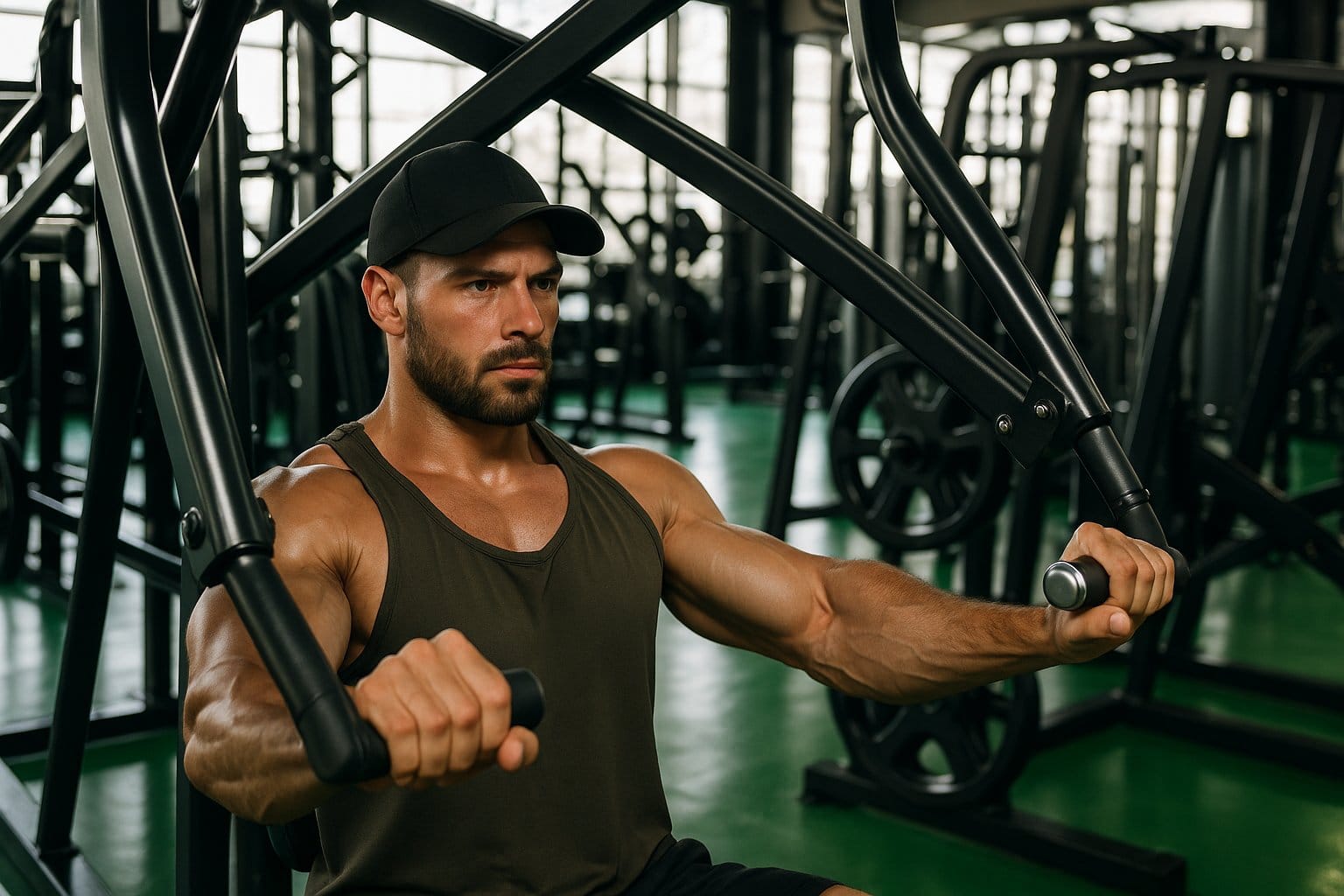 Fit man performing machine chest press exercise at the gym.