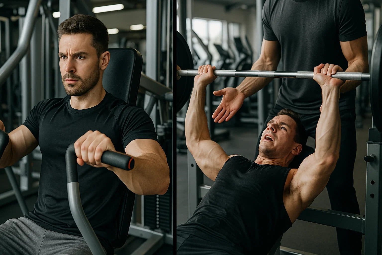 Side-by-side comparison of a man performing a machine bench press and a barbell bench press. 