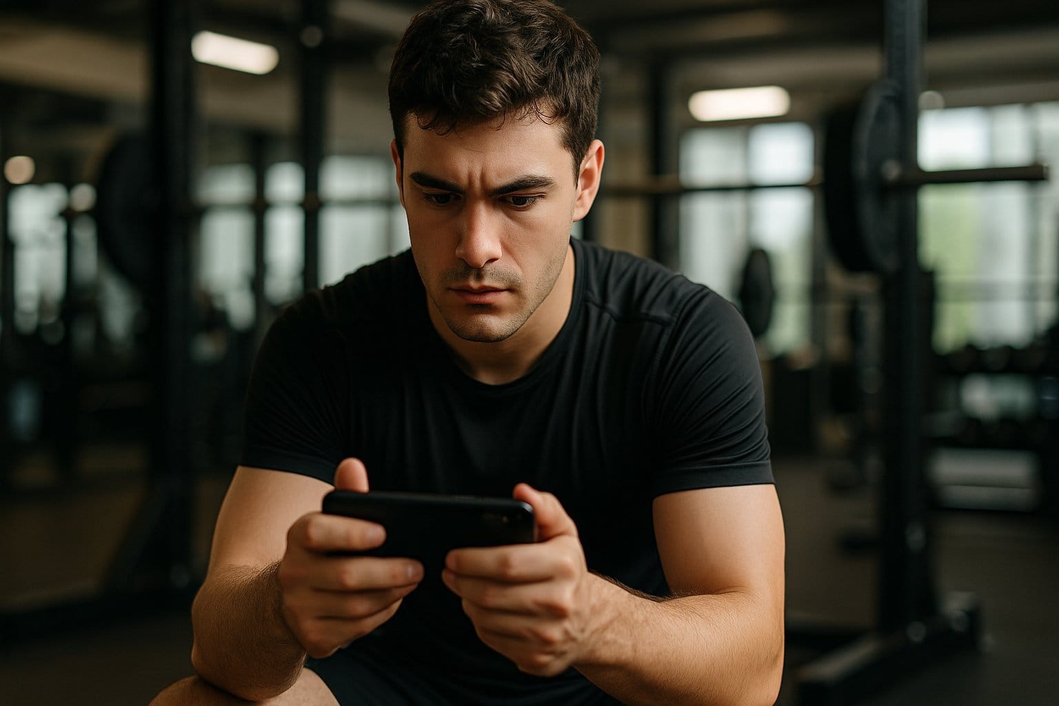 A fit man wearing a black t-shirt sitting in a gym while using a smartphone.