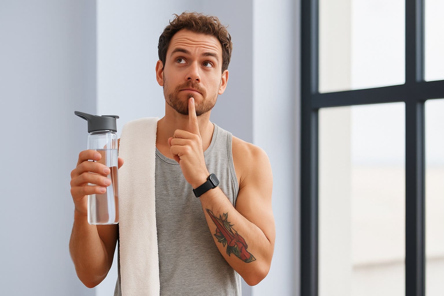 Fit young man taking a break from his workout, holding a water bottle and thinking..