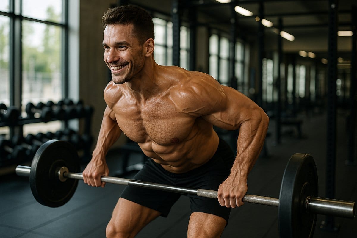 Smiling muscular man performing barbell bent-over row exercise at the gym for back workout