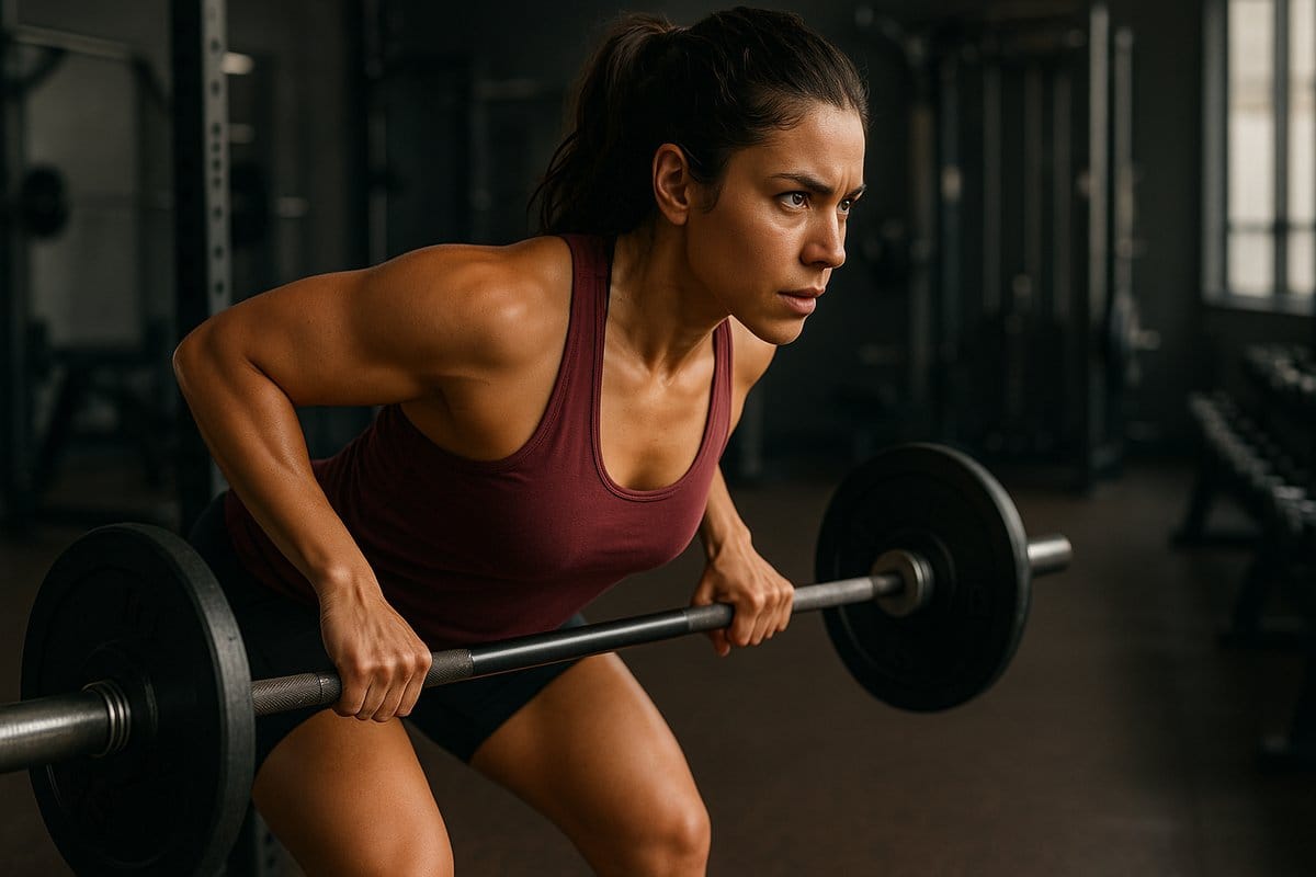 Focused woman performing barbell bent-over row exercise at the gym for back muscle workout